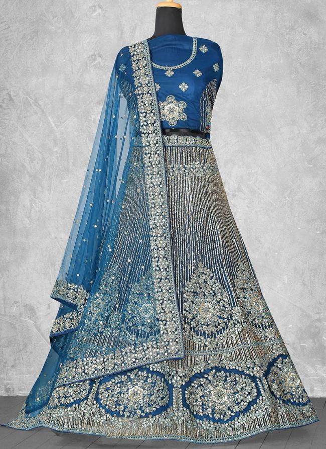 Net Teal Wedding Wear Sequins Work Lehenga Choli